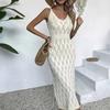 Damen V-Ausschnitt Ärmellos Strick Midi Kleid Figurbetont Elastische Taille Elegant Einfarbig Ausgeschnitten Strandkleid