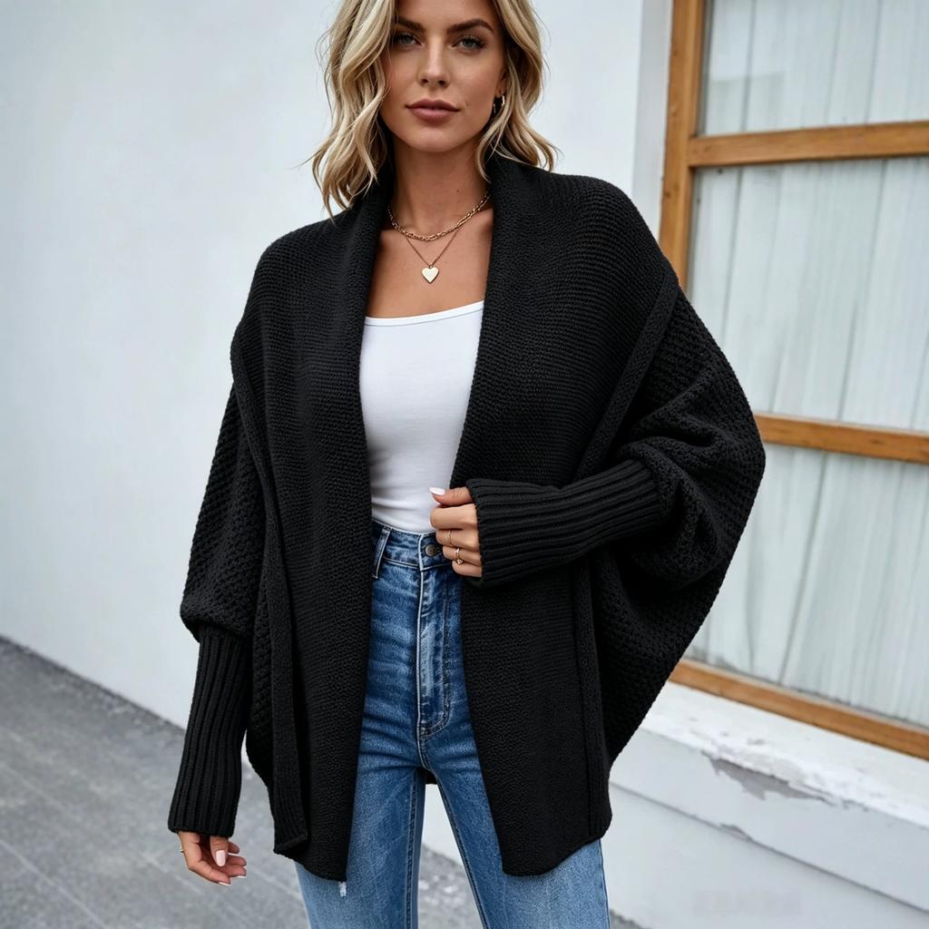Autumn and Winter New Women's Knitted Sweater Solid Color Bat Sleeve European and American Sweater Cardigan Jacket Women