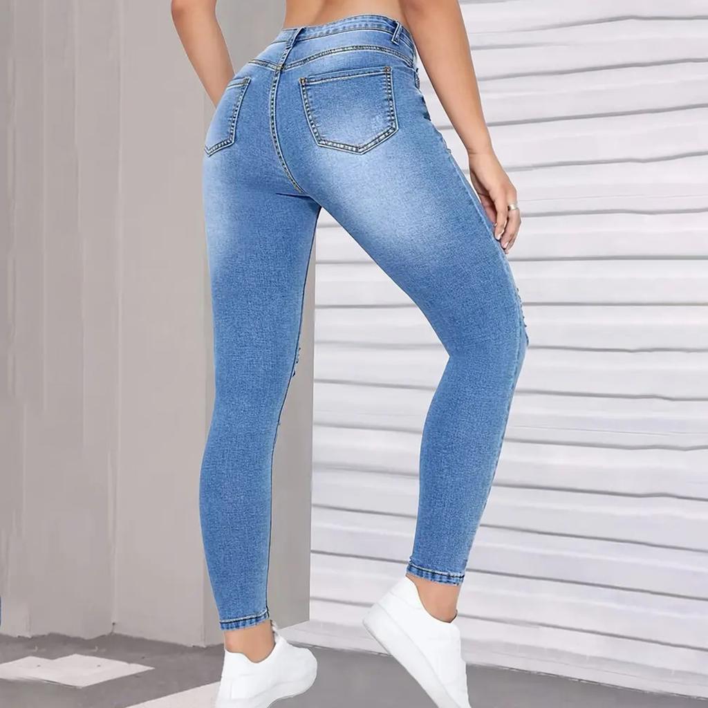 Women's Mid- Stretch Jeans Fashion Straight Leg Denim Pants With Pockets