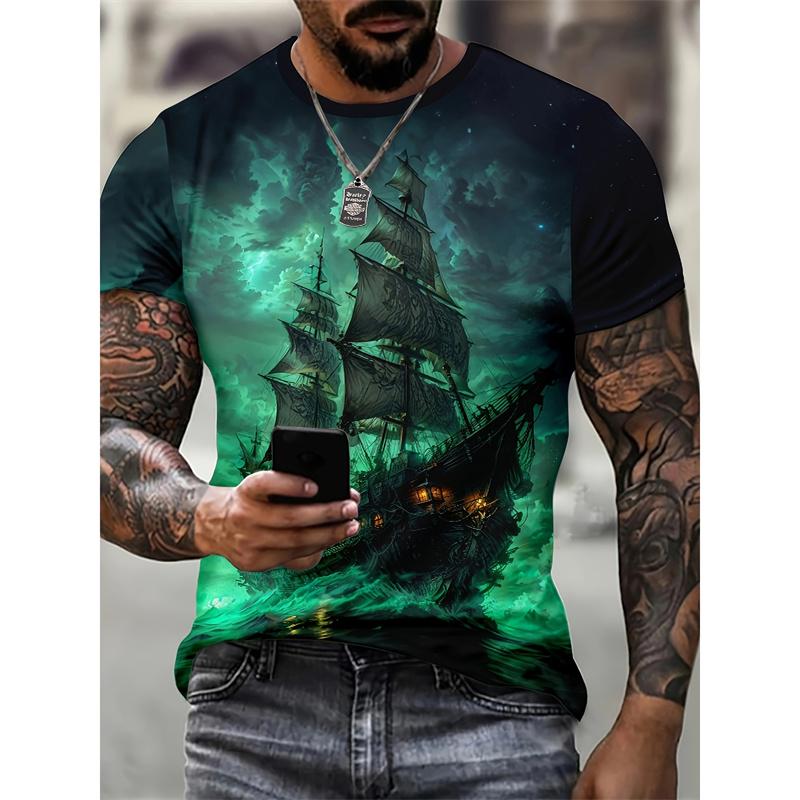 Seaside Lighthouse Sailboat 3D Print T-Shirts Streetwear Men FashionOversized O-Neck Short Sleeved T Shirt Tees Tops Clothing