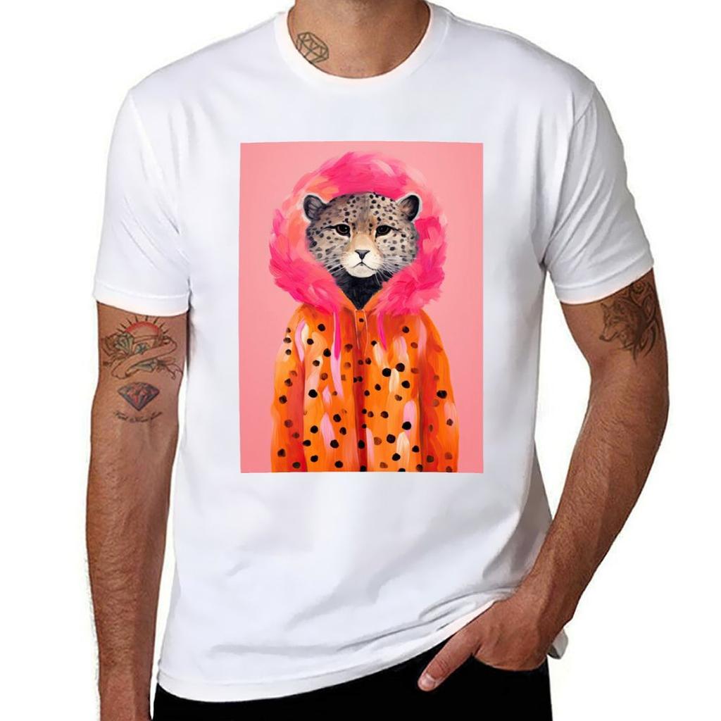Watercolor Leopard In Orange Fur Coat Funky Animal Fashion Art Print Tshirt Casual Loose Fit Short Sleeve Tshirt
