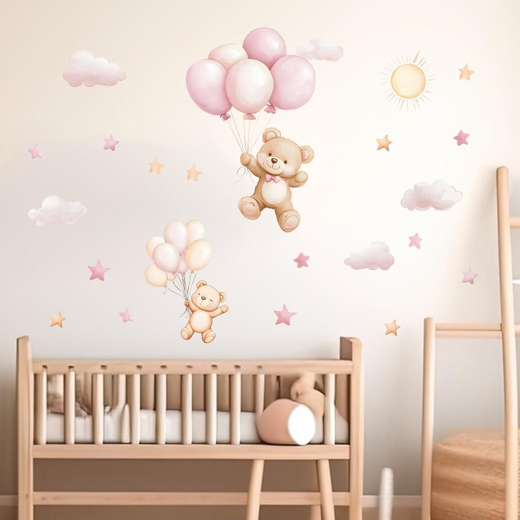 Cartoon Bear Cloud Star Balloon Wall Sticker Kids Room Home Decor Self-Adhesive Wall Art Room Decoration