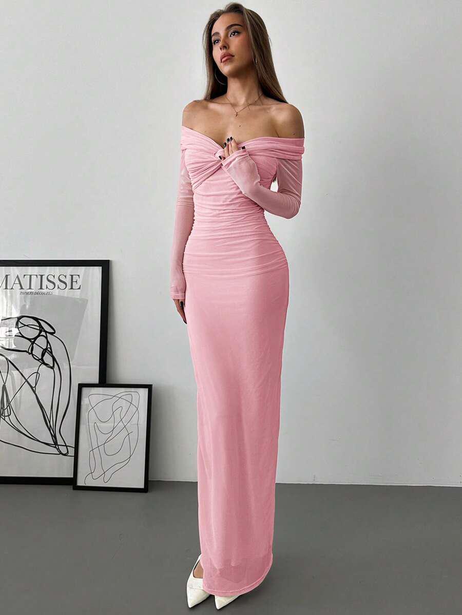 2026 European & American Style Off-the-Shoulder Pleated Bandeau Dress - Elegant Women s Fashion S