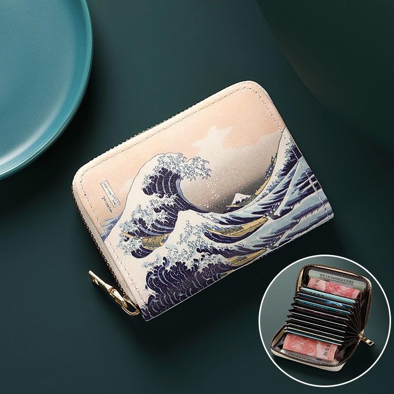 

High Quality Leather Card Bag Small Purse Japan Ukiyo-e Art Pattern Women s Wallet Men Large Capacity Card Holder Zip Coin Purse