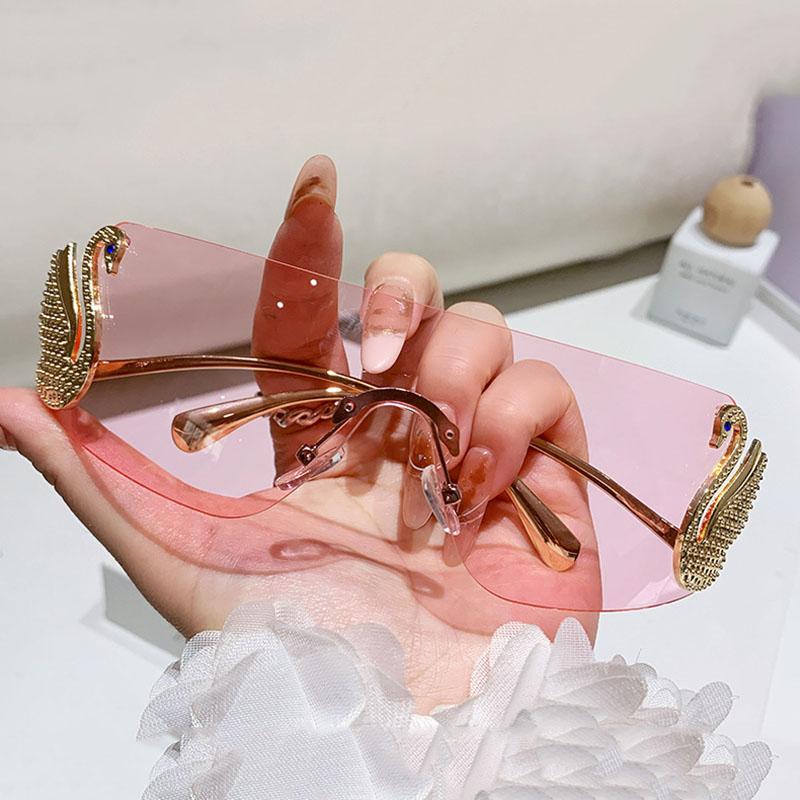 Y2K Vintage Rimless Swan Sunglasses Punk One Piece Lens Pink Eyeglasses Luxury Brand Designer Sun Glasses For Women Men