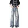 American High Street Ripped Jeans Men's Summer Blue Retro Loose Wide-leg Trousers Trendy Brand Washed Straight Pants