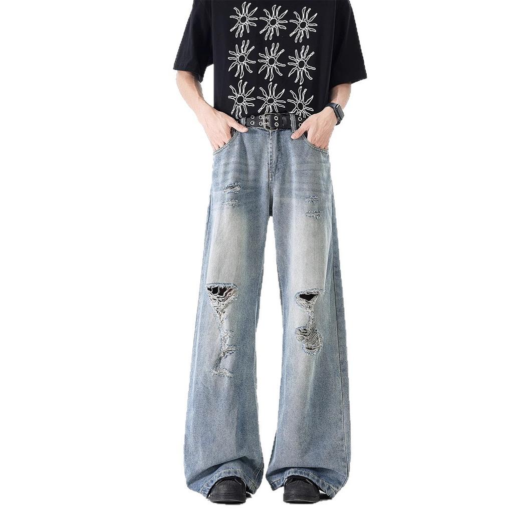 American High Street Ripped Jeans Men's Summer Blue Retro Loose Wide-leg Trousers Trendy Brand Washed Straight Pants