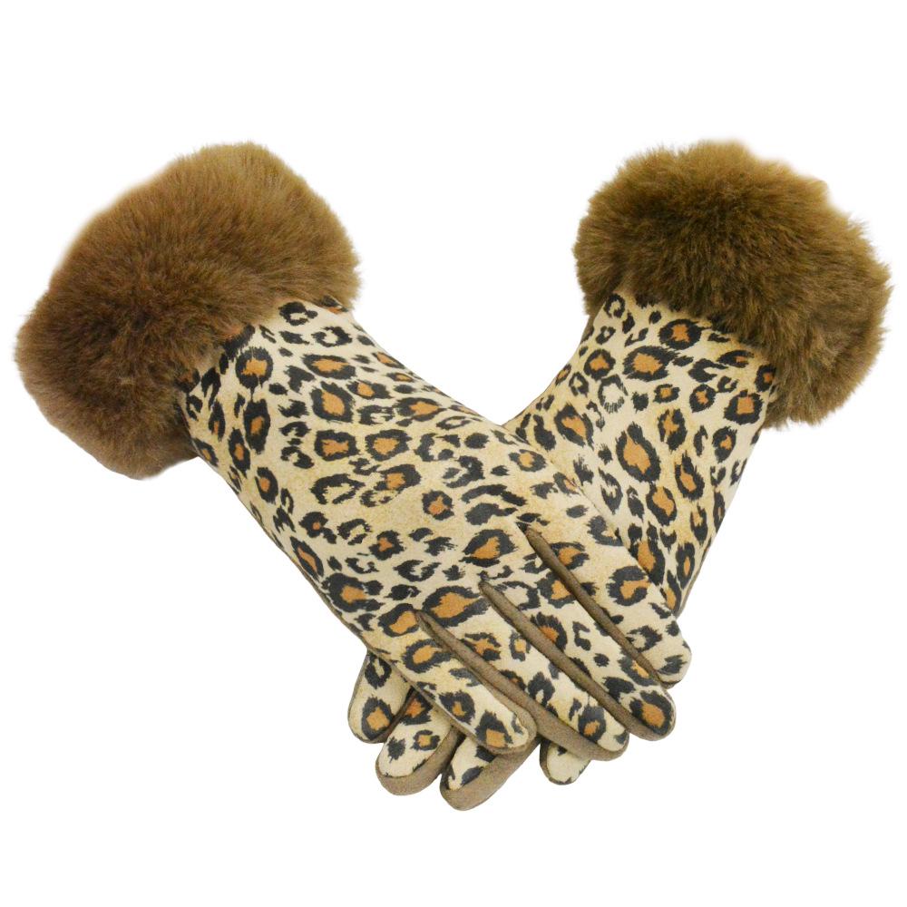 Leopard Print Plush Touchscreen Winter Gloves for Women - Velvet Lined