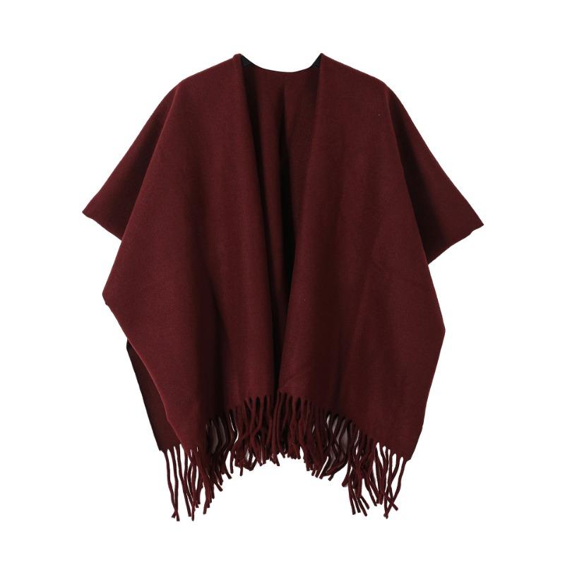 Solid Black Tassel Hem Open Front Poncho Cape Soft Faux Cashmere Wrap Shawl