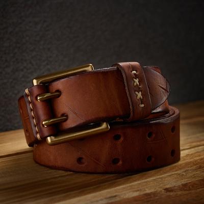 Retro Trend Personalizovaný Pánský Pás s Dvojitou Měděnou Sponou z Pravé Kůže Ručně Vyráběný z První Vrstvy Hovězí Kůže Pánský Džínový Pás