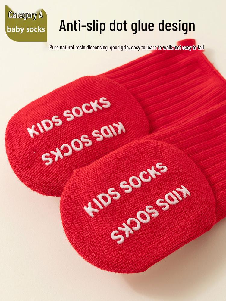 Red Combed Cotton Baby Socks: Anti-slip, for Newborn, Full Moon, 100 Days, and First Birthday (0-1 Year)