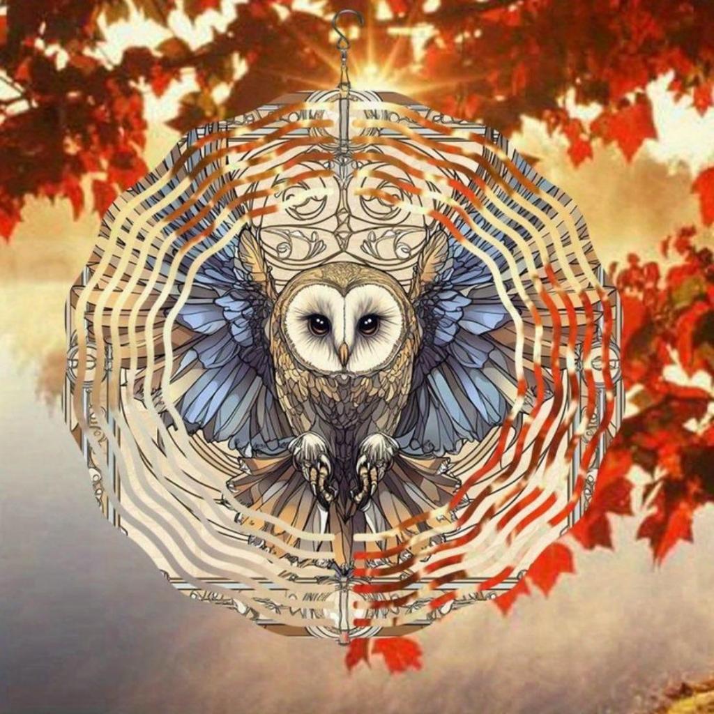 1 Stück Hängendes Windspiel, Weißes Gesicht Schleiereule Muster Metall Mandala Windrad, Keine Batterie erforderlich, Dekorative Gartenaußendekoration, Ideales Geschenk