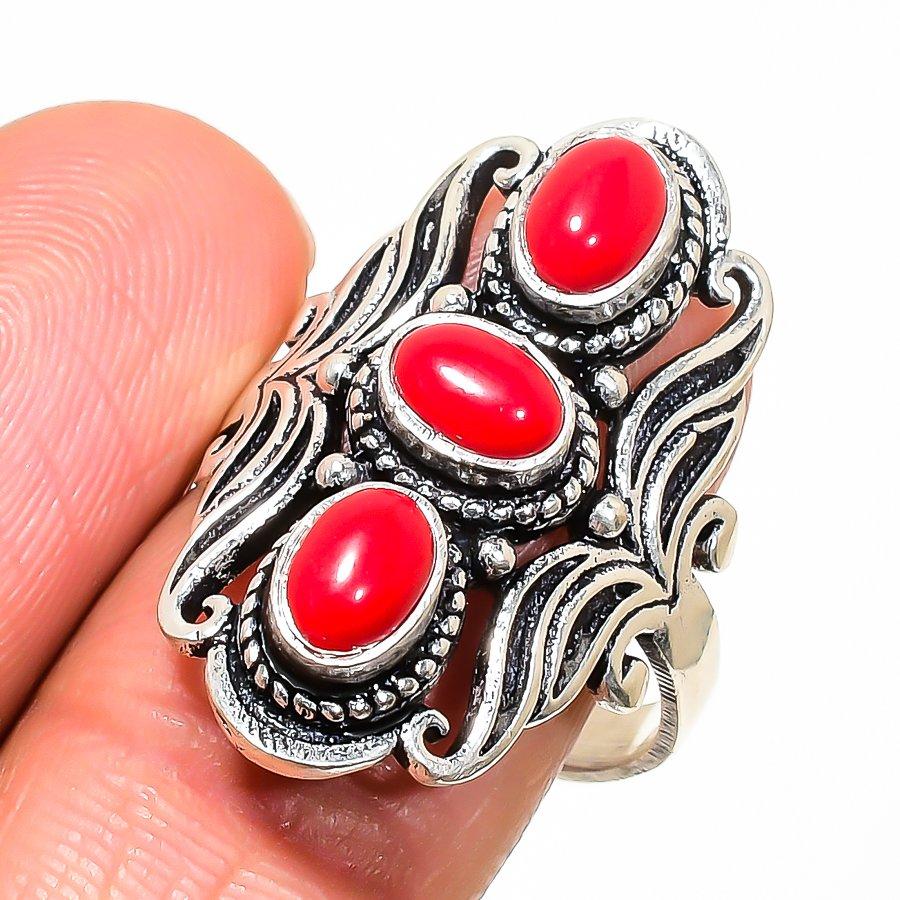Naturalny Czerwony Koral Włoski Pierścionek ze Srebra Próby 925 Rozmiar 9.5 AR-16745