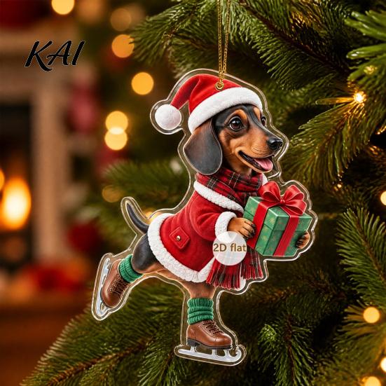 Unique Holiday Gifts for Dachshund Owners Christmas Ornaments, 2D Flat Dog Themed Acrylic Xmas Ornaments Tree Hanging Decoration Car Rearview Mirror,