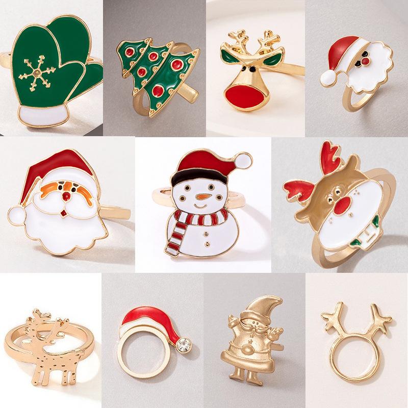 New European and American Holiday Products Christmas Oil Dripping Ring Elk Santa Alloy Ring