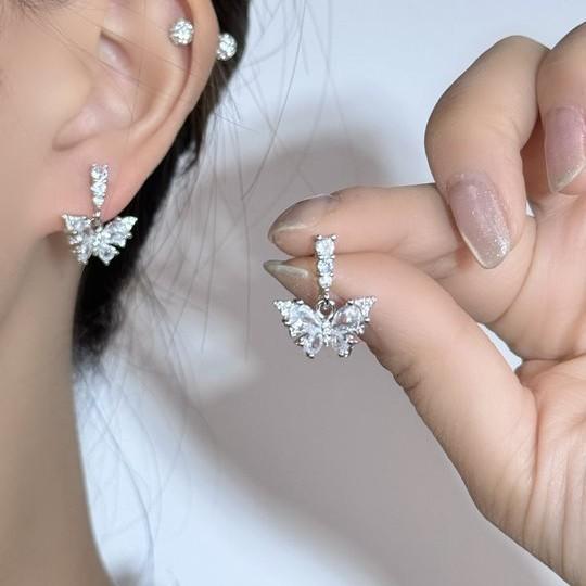 New love zircon butterfly pendant earrings niche high-end sense versatile simple exquisite earrings ear jewelry