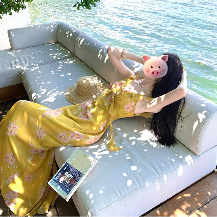 French beautiful lotus leaf edge yellow print v-neck suspender dress fairy seaside atmosphere vacation style dress