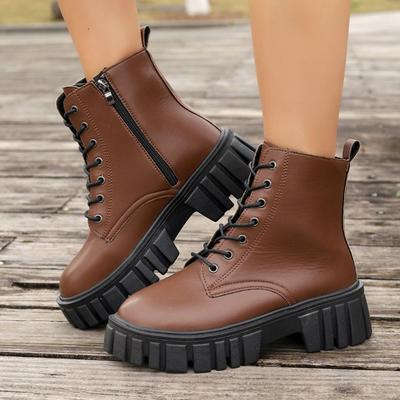 Fashion Fashion Short Boots for Lace Up Women Thick Bottom Boots Pu Leather Anti-Slip Ankle Boats Autumn Round Toe Hikling Shoes