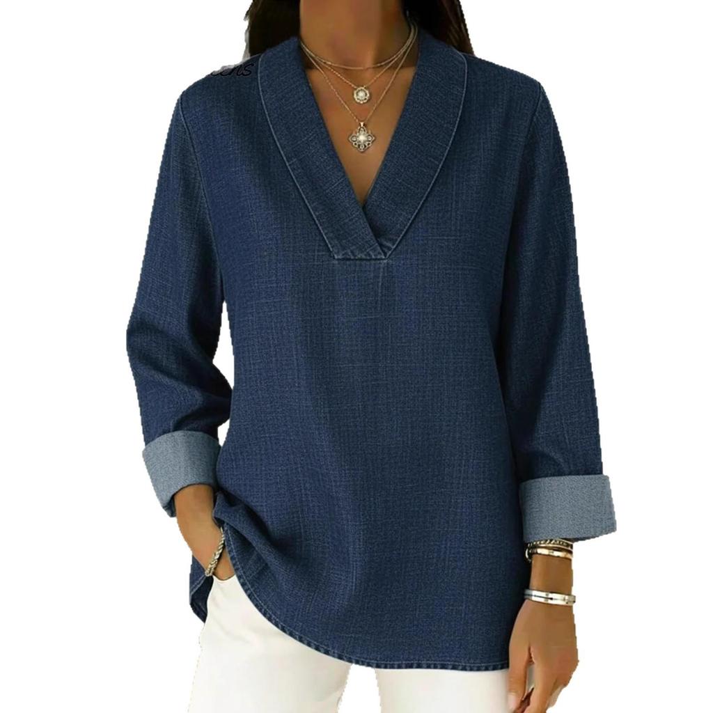 2026 Casual Loose Nine-Sleeve Retro Polo Collar Imitation Denim Shirt