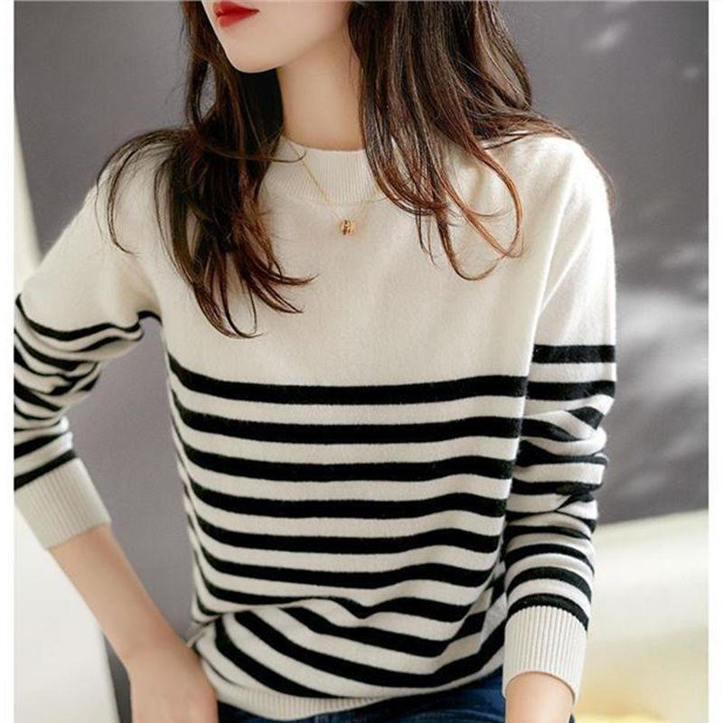 Women's Retro Striped Loose Knit Sweater - Japanese Style, Autumn/Winter Fashion, Drop Shoulder, All-Match Trend