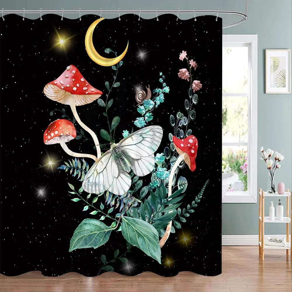 Mushroom Shower Curtain Retro Mushrooms Butterfly Floral Boho Moon Stars Botanical Wildflower Green Plant Aesthetic Bath Curtain
