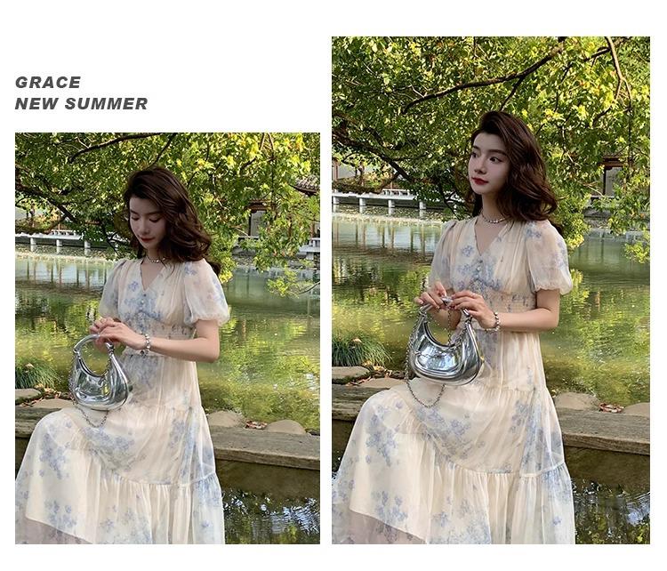 Elegant French Floral Print Summer Dress - V-neck Puff Sleeve High Waist, Sweet or Cool Style