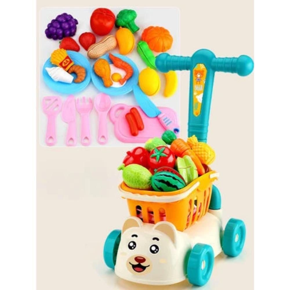Kids Shopping Cart Trolley Play Set with Food Fruit Vegetables Accessories Play House Educational Toy Simulation Gifts for Girls