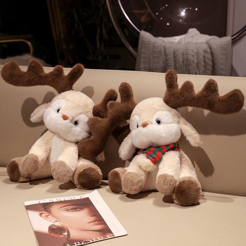 Reindeer Christmas Scarf Plush Toy Big Eared Elk Stuffed Animal Doll Gift 35cm