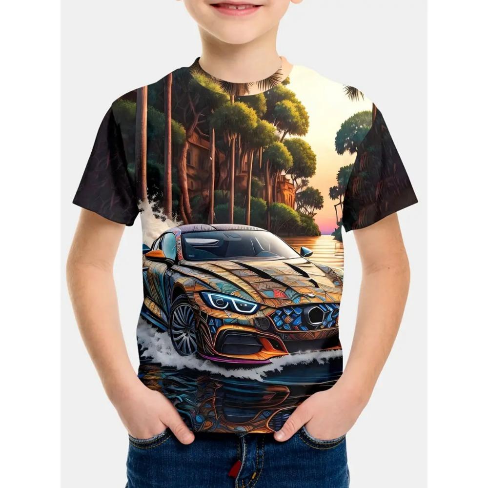 Racing pattern printed T-shirt for boys and girls, gift for children, short sleeved top, children's clothing, boys' T-shirt