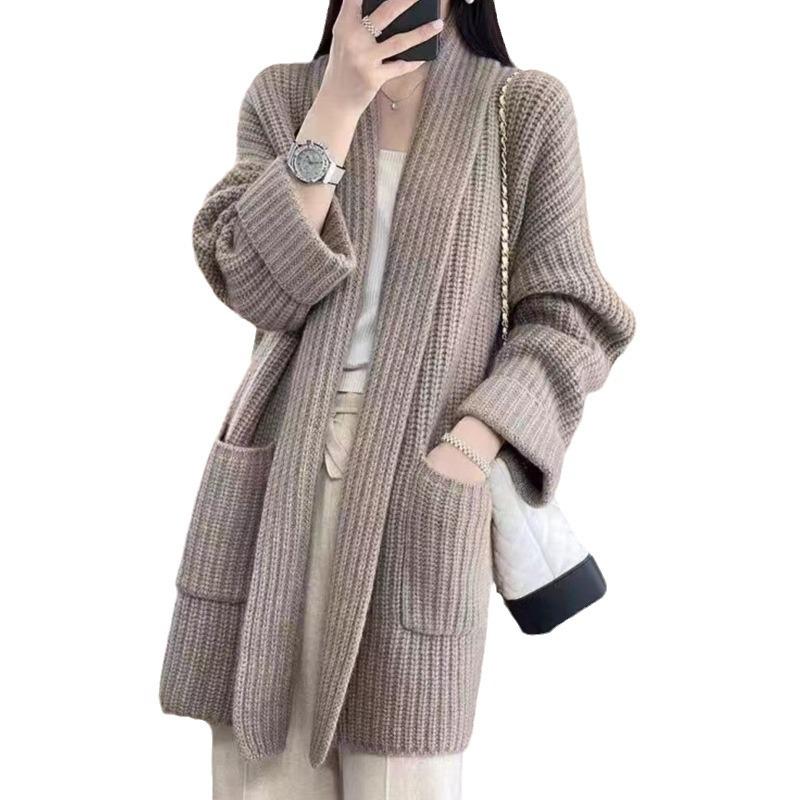 Korean Style Thick Yarn Plus Size Cardigan - Autumn/Winter Women's Trendy Mid-Length Loose Knit Outerwear