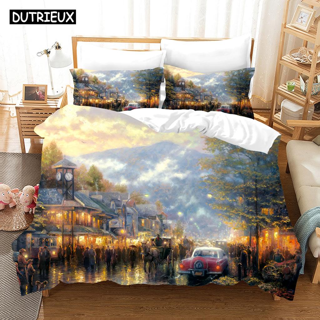Fantasy Oil Painting Bedding Set House Bridge Scenery Duvet Cover Set Bedroom Bed Bedclothes Decor Luxury Gift Queen King Size