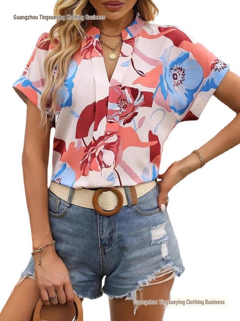 Women's Colorful Floral Print V-Neck Short-Sleeve Top - Summer Fashion