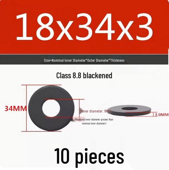 Blackened Flat Washer Gasket - Grade 8.8, Sizes M3 to M24