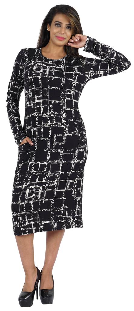 Bimba Printed Long Bodycon Dress With Pockets For Women Full Sleeves Dress Midi
