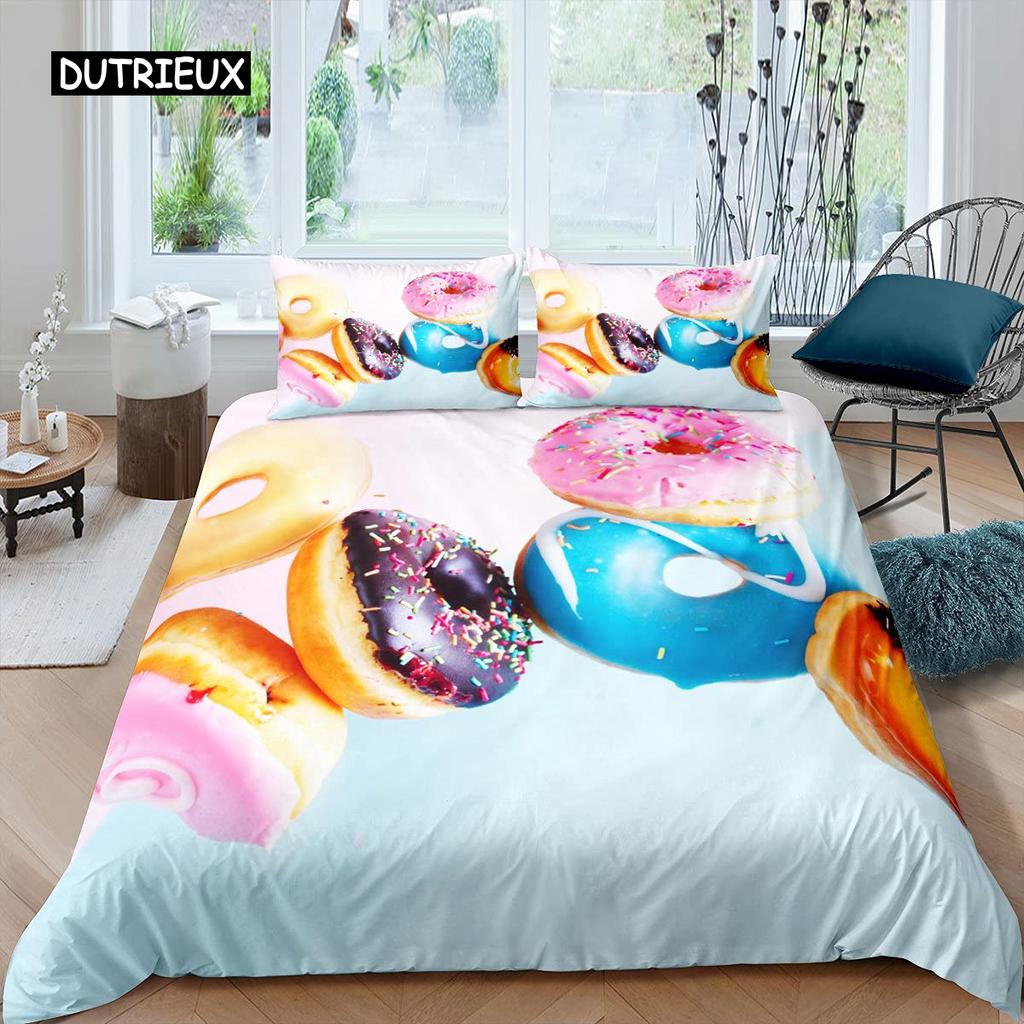 Donut Bettbezug-Set Dessert Lebensmittel Thema Bettdeckenbezug Bunter Druck 2/3-teilig Doppel Queen King Size Bettwäscheset für Kind Mädchen