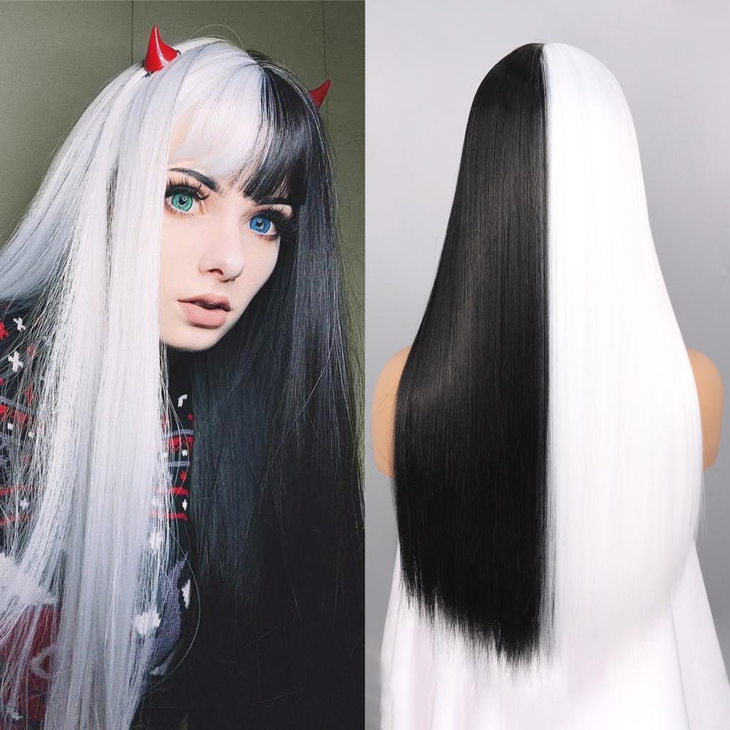 Parrucche Sintetiche Lisce con Frangia Capelli Lunghi Setosi Resistenti al Calore Parrucca Completamente Meccanica Parrucca per Cosplay Festa per Donne alla Moda