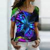 Women Square Neck Short Sleeve Top Black Galaxy Colorful Glitter Butterfly Print Blouse