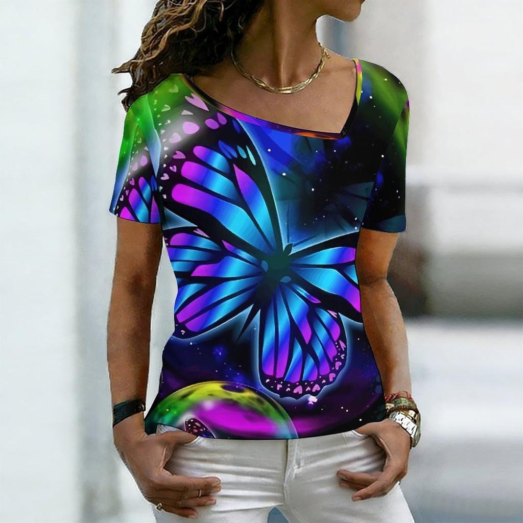 Women Square Neck Short Sleeve Top Black Galaxy Colorful Glitter Butterfly Print Blouse