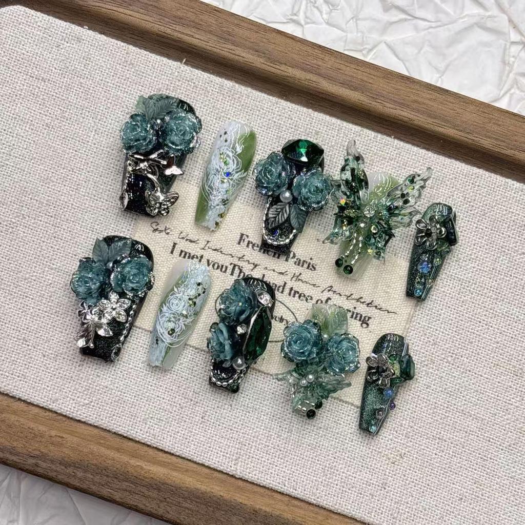 Green Butterfly Handmade Medium-Long Fake Nails Exquisite Nail Art