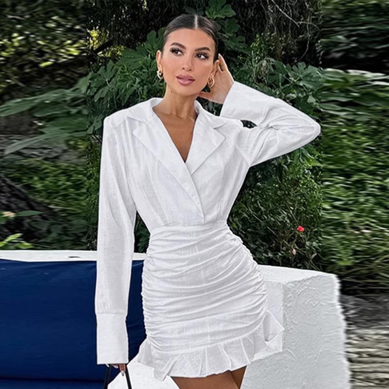 Witte Katoen en Linnen Slim Ruffles Rand Jurk Dames Slim Heupomsluitende Jurk Revers Lange Mouwen Mode Lente en Zomer