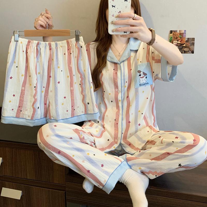 

Premium Sense Sweet Cartoon Puppy Dream Cloud Cotton Pajamas Women S Summer Short Sleeve Three-Piece Set 2XL