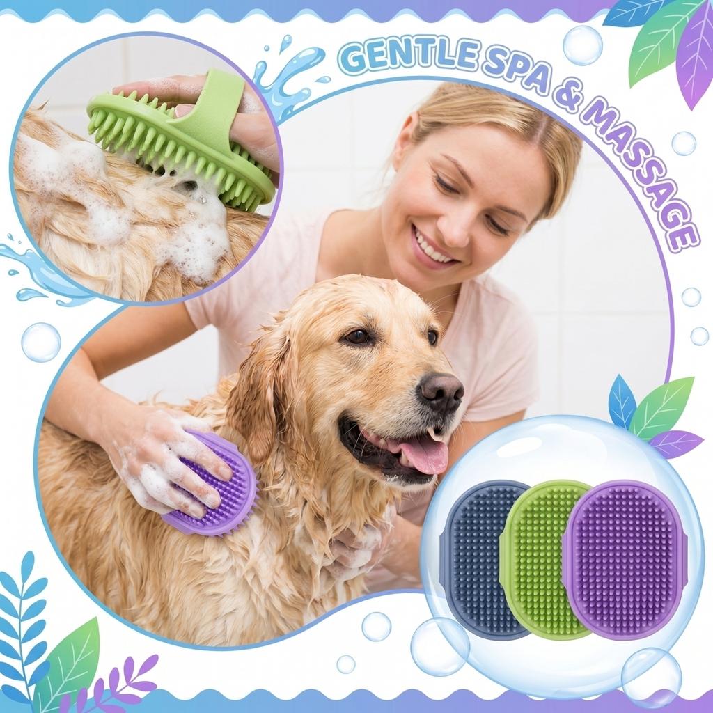 Pet Bath Brush Silicone Grooming Scrubber Massage Brush for Dogs Cats Fur Cleaning and Shedding Control Durable Soft Bristles