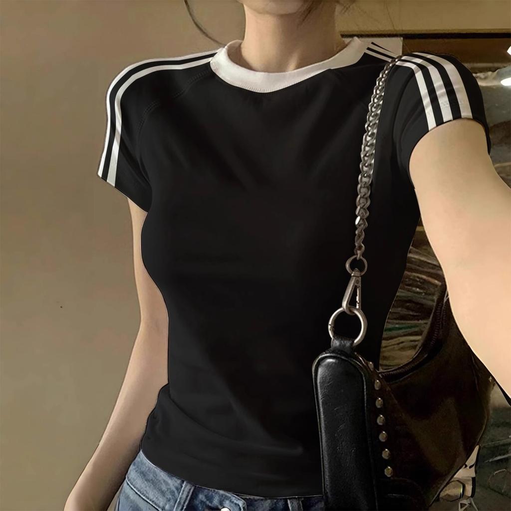 Women's Round Neck Short Sleeve Regular Fit Top Casual Colorblock Cotton T-Shirt