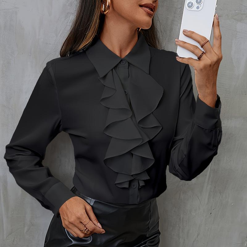Elegantes Raff-Patchwork Lockeres Chiffon-Hemd Damen Langarm Bürobluse Süßes Revers Mode Frühling Herbst Freizeit Unifarbene Oberteile Neue Kleidung