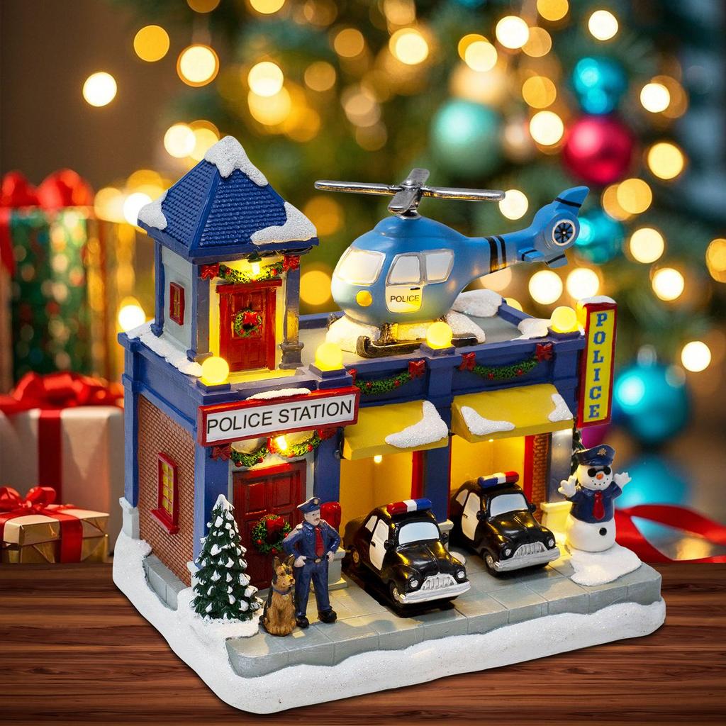 Animated Christmas Village Police Station Lighted Musical with Moving Car & Rotating Helicopter Collectible Building for Holiday