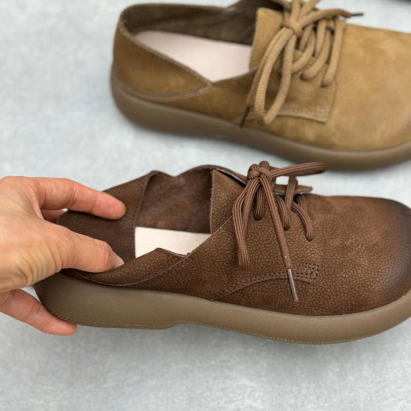 Johnature Genuine Leather Women's Shoes Retro Round Toe Soft Soled Lace Up Versatile Shoes