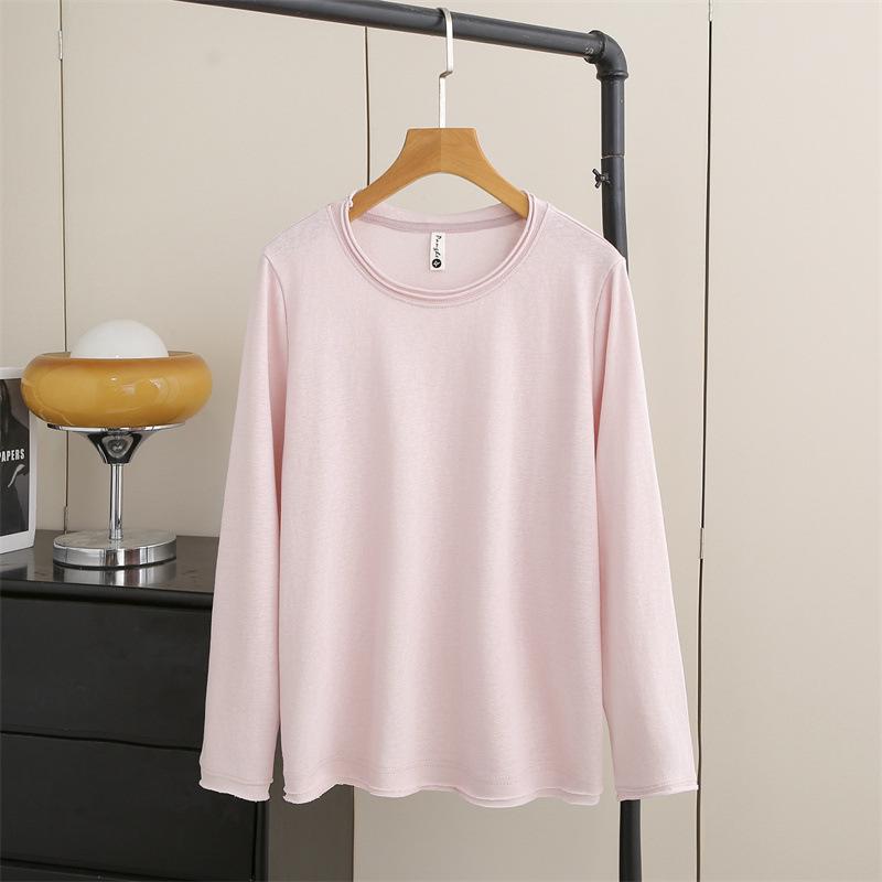 Plus Size Women's Long Sleeve Spring Top - Frayed Hem Snowflake Cotton Shirt, Simple Inner Layer T-shirt for Chubby Girls
