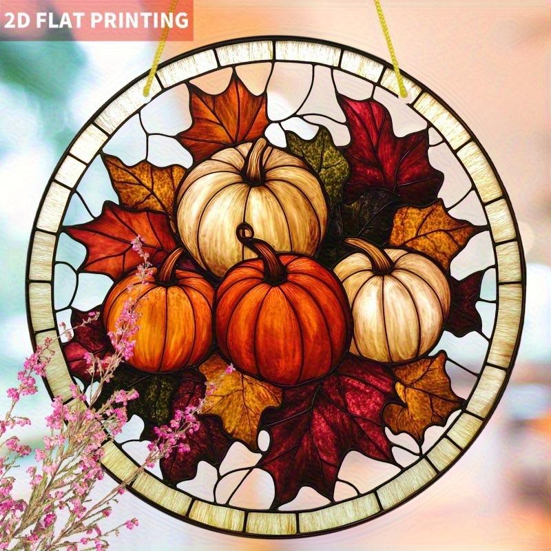 1pc Autumn Pumpkin Sun Catcher - Round Acrylic Stained Glass Style Window Hanging Decor with Pumpkins, Four Seasons Decoration, Novelty Home Decor