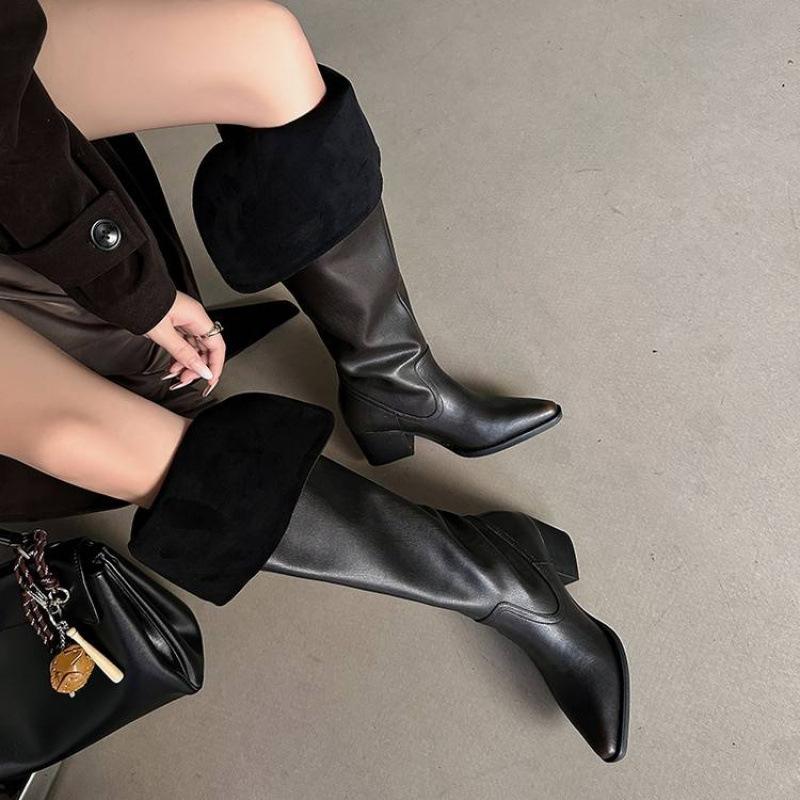 Autumn and winter high-heeled large-size women's boots, genuine leather women's leather boots, cowhide can be folded, wear more square and versati