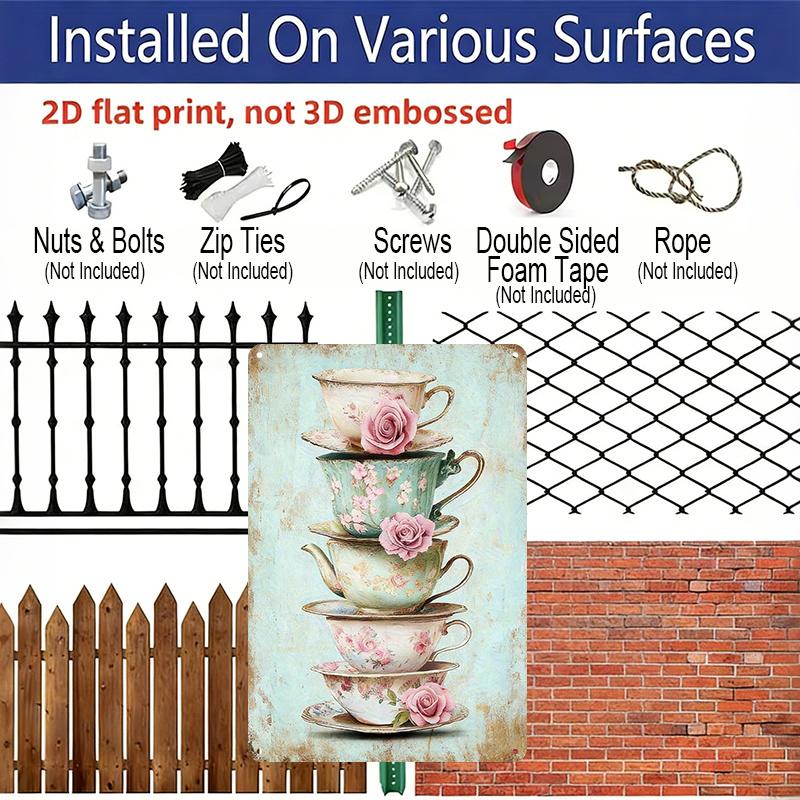 2D Flat, 1pc Vintage Tea Party Metal Wall Art Sign - 8x12 Inch Aluminum Floral Teacups & Roses Design, Rustic Distressed Edges, Pre-Drilled Holes for
